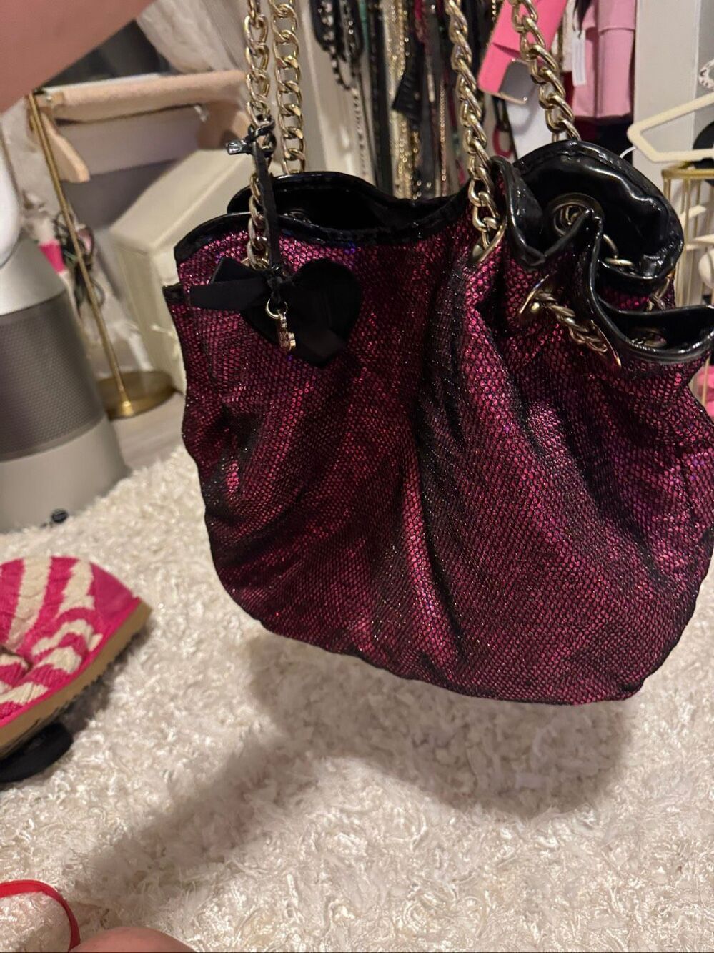 Vintage betsey johnson pink & black sequin fishnet mesh tote bag purse satchel - Picture 4 of 10